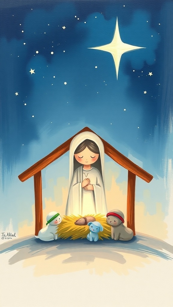 A simple nativity scene painting of Jesus with a starry night background.